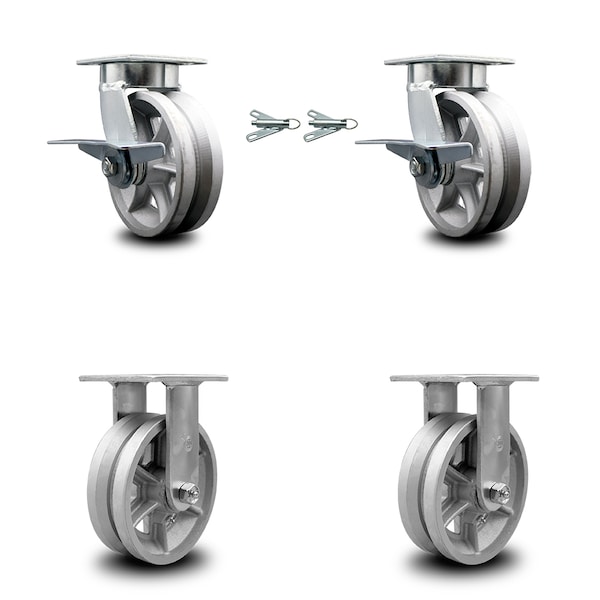 Service Caster 6 Inch Kingpinless V Groove Semi Steel Caster Brake & Swivel Locks 2 Rigid, 2PK SCC-KP30S620-VGR-SLB-BSL-2-R-2 - main